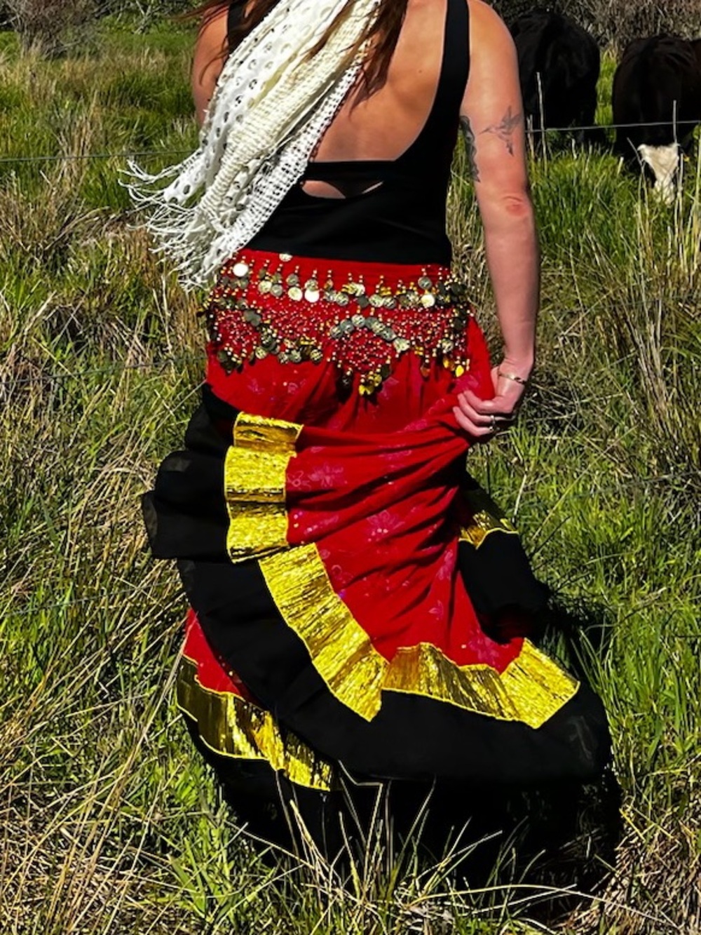 La SENZA Red Tiered Maxi Skirt with Gold and Black Bands - Picture 5 of 5